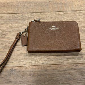 Coach Pebble Brown Leather Double Zip Wristlet Wallet